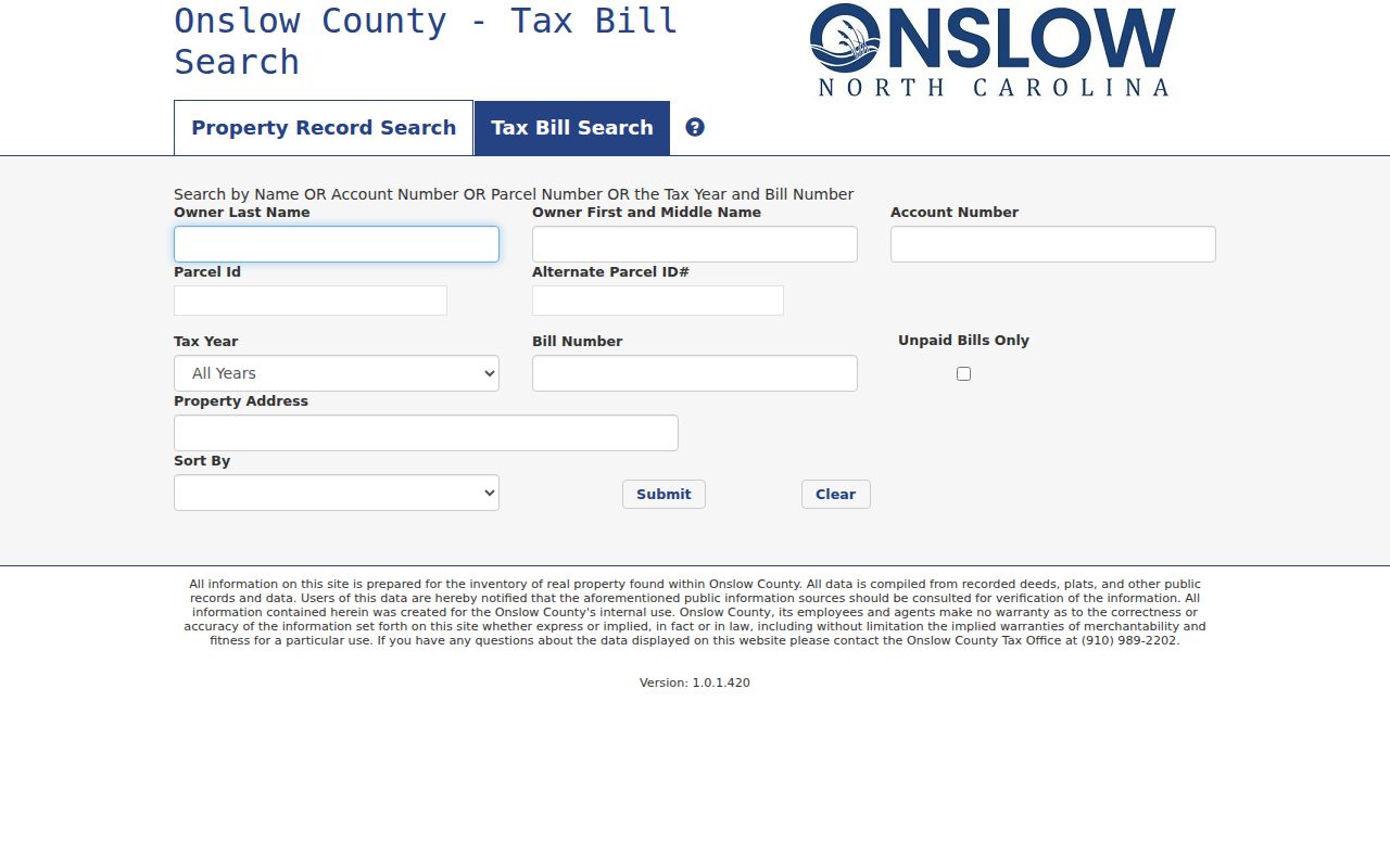 Onslow County people search using the tax bill owner form