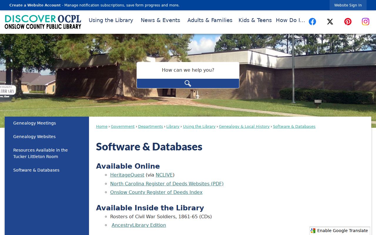 Onslow County people directories library genealogy databases