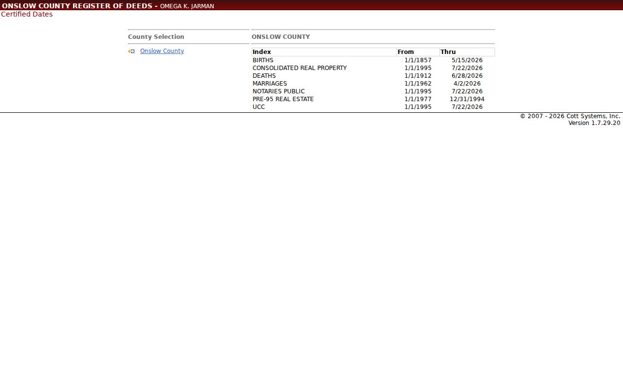 Onslow County public records certified dates for deed and vital indexes