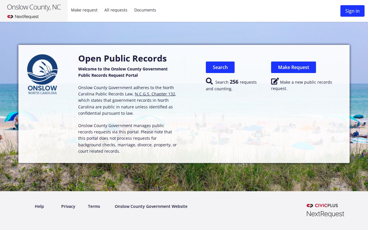 Onslow County public records request portal submission screen