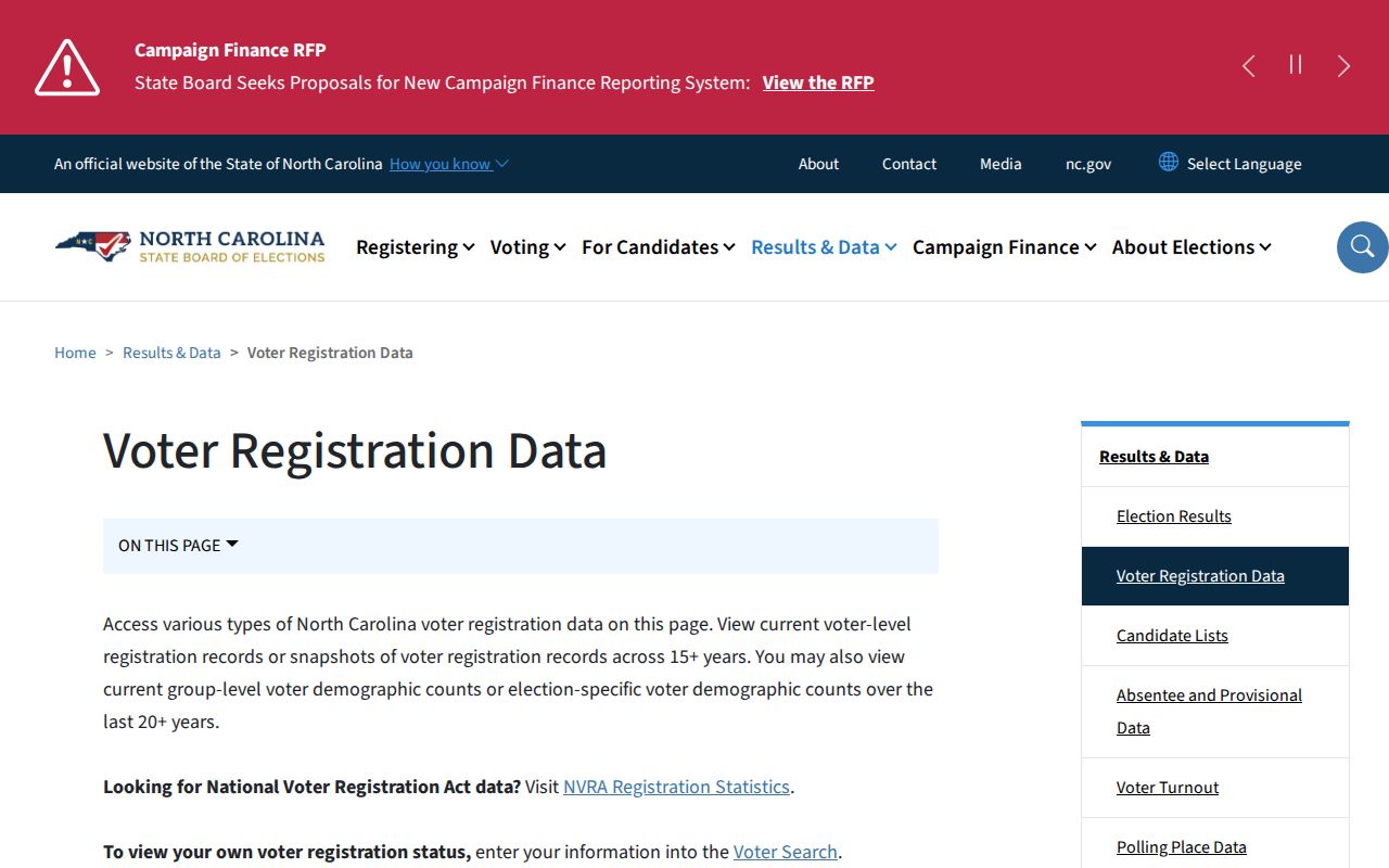 Onslow County voter registration records data download page